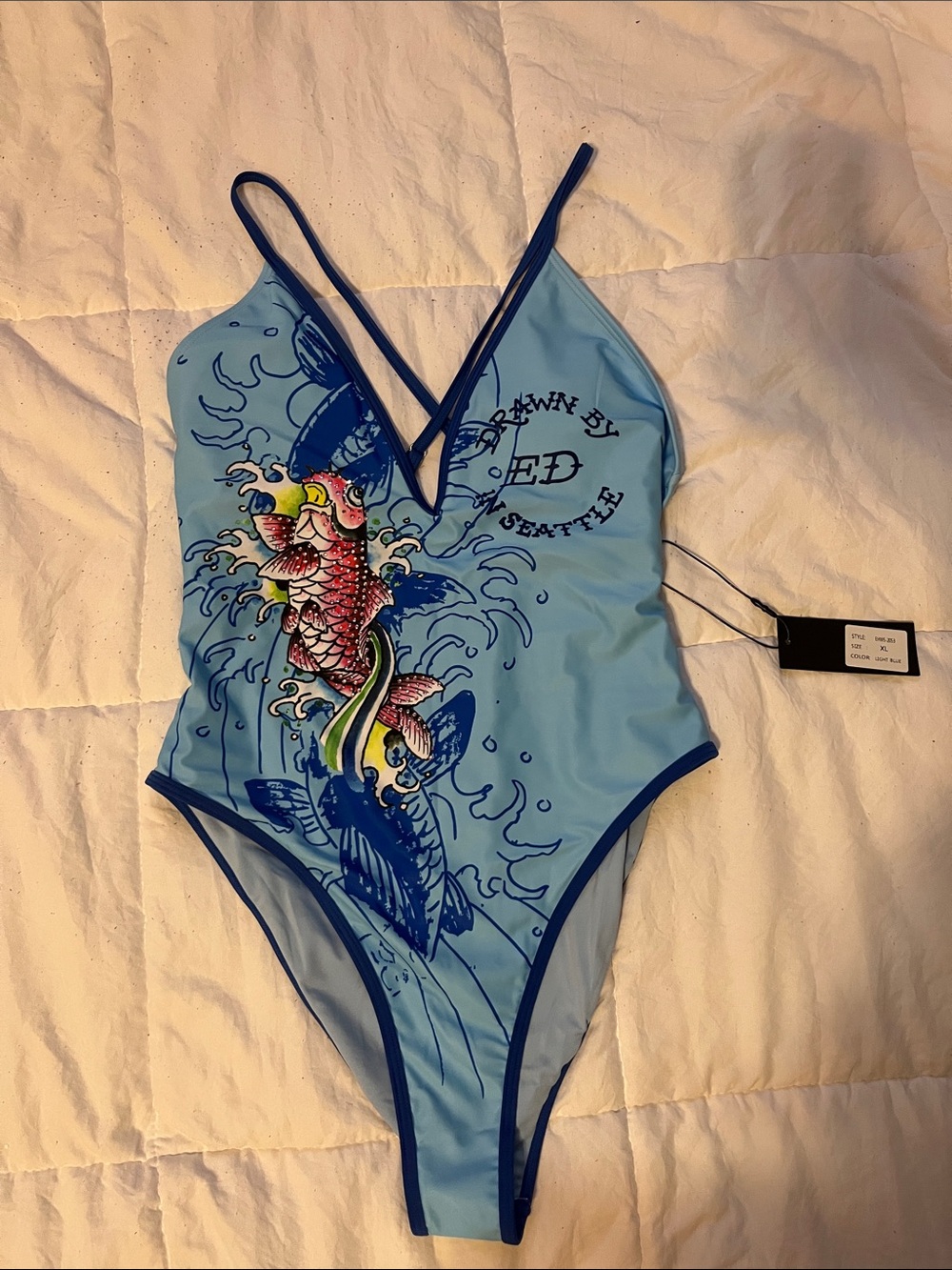 Ed Hardy Light Blue One-Piece Swimsuit with Koi Graphic